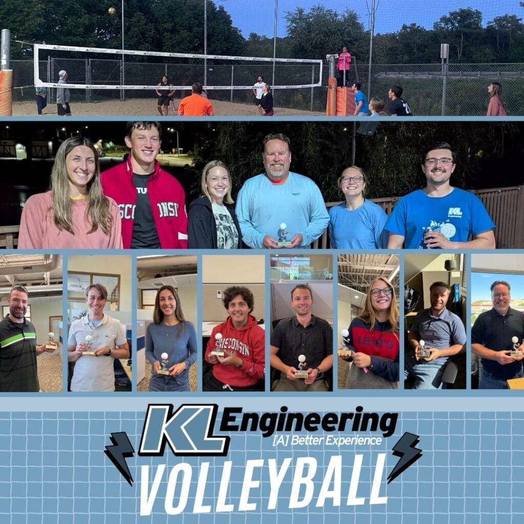 Graphic includes some photos of folks with their volleyball team participation trophies, and the KL Logo on the bottom.