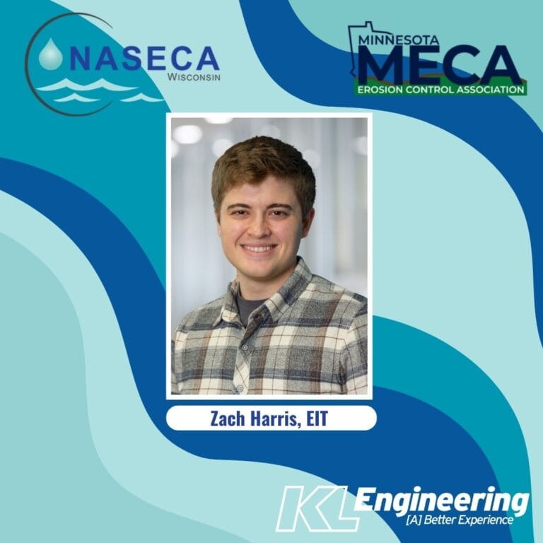 Graphic includes Zach Harris's headshot on a wavy background with multiple shades of blue. The top has logos for NASECA-WI and MECA Rice Lake, and the bottom has the KL Engineering Logo.