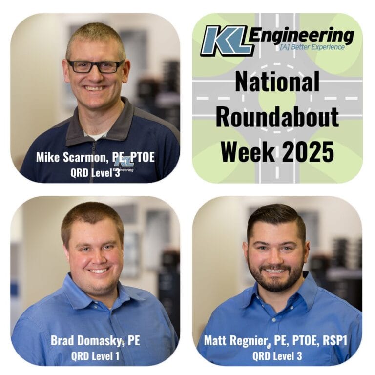 Graphic includes headshots of KL's roundabout experts, as well as the text "National Roundabout Week 2025" and the KL Engineering Logo.