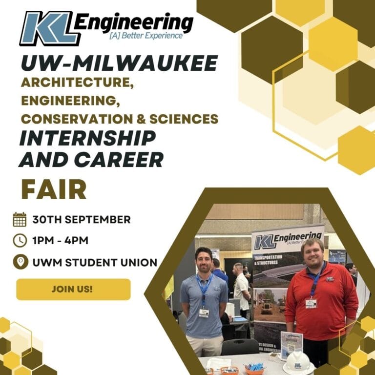 Graphic includes the photo at the career fair, as well as details about the career fair. There are yellow and brown hexagons on the graphic as accents.