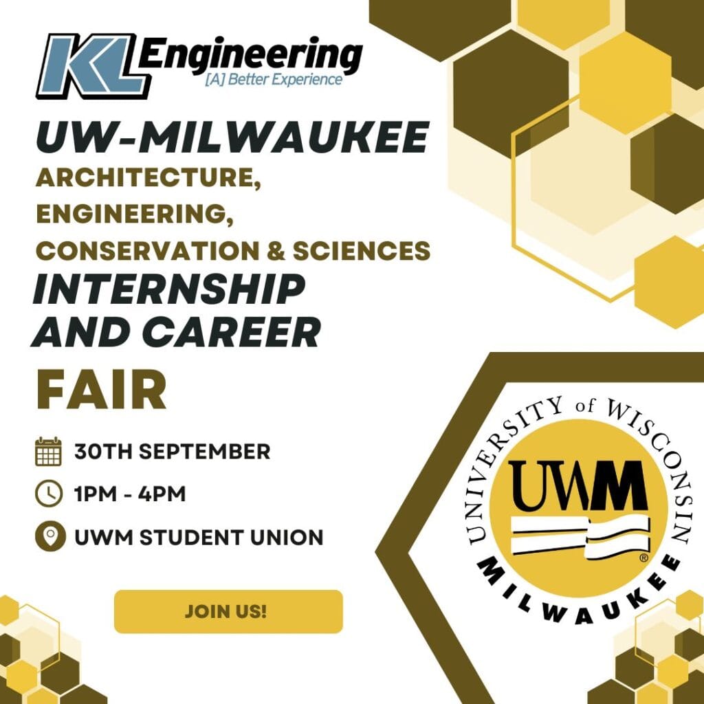 Graphic includes all details of the career fair, along with some hexagon shaped details that are UW-Milwaukee's school colors.