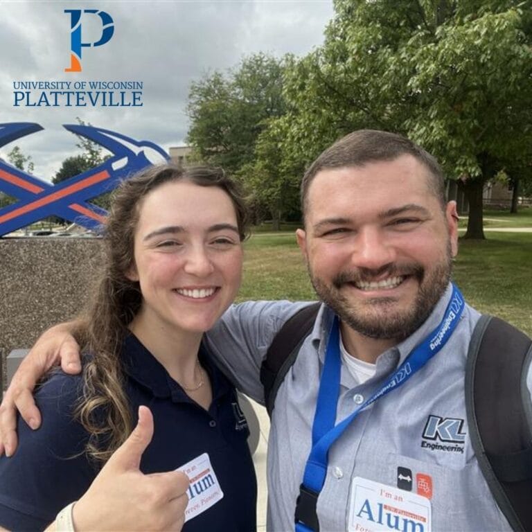 Graphic includes a selfie from Ella an Matt, along with UW-Platteville's Logo in the top left corner.