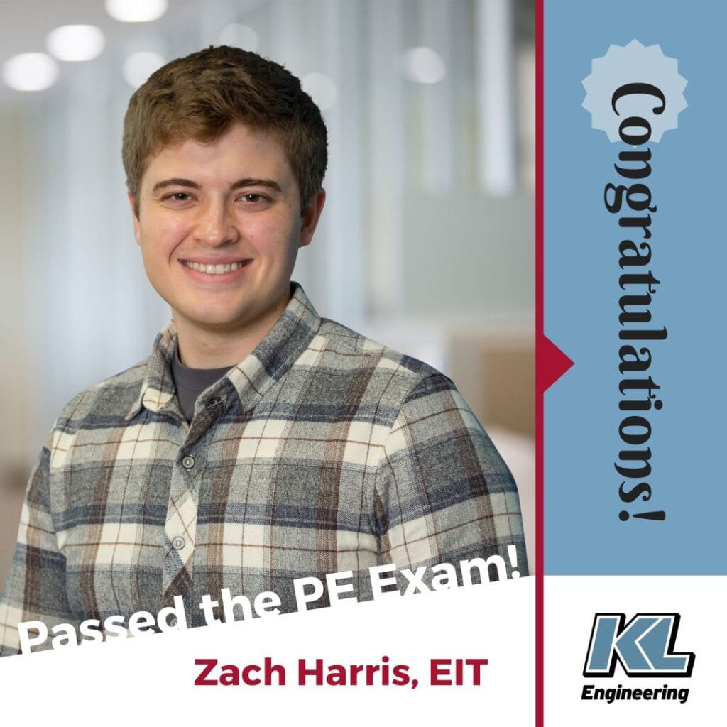 Graphic includes the text "Passed the PE Exam!" and the headshot of the person who passed it along with light blue details and the word "congratulations" on the side. The KL logo is in the lower lefthand corner.