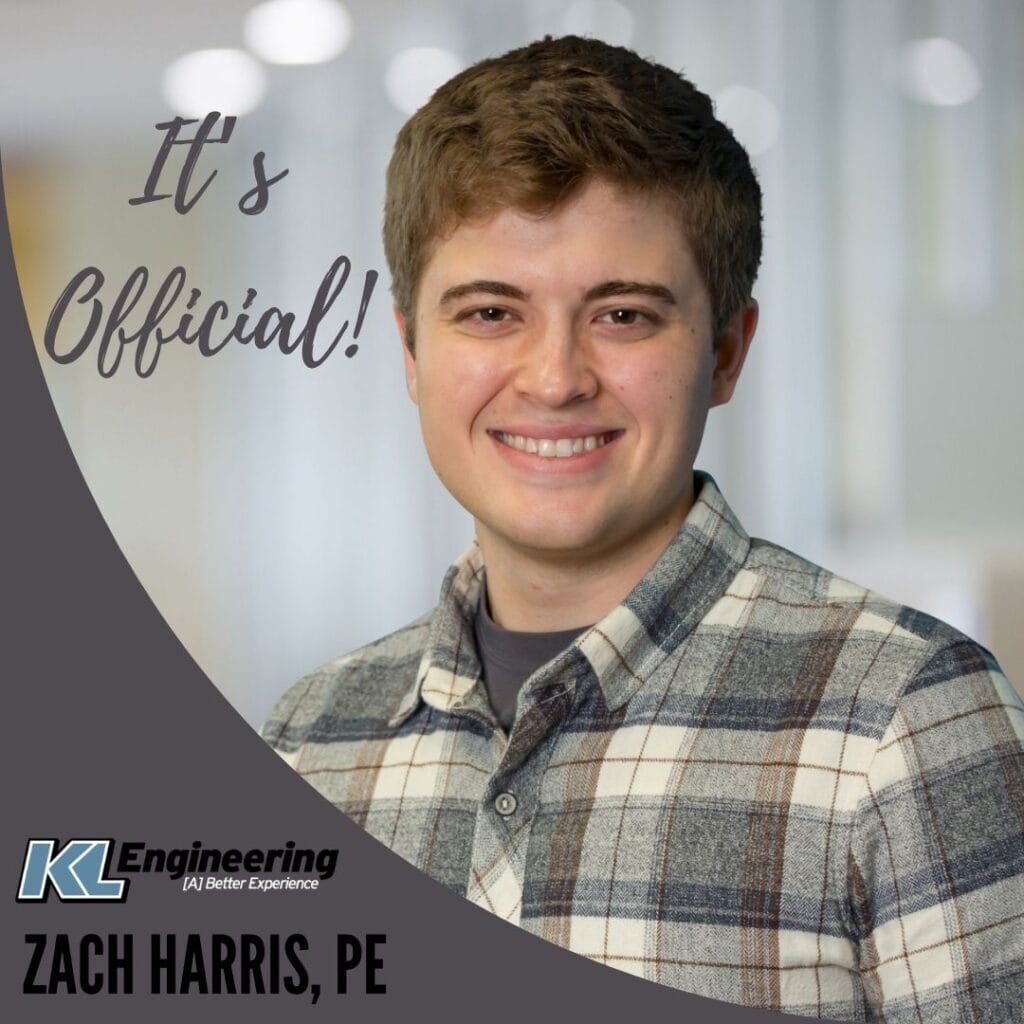 Graphic includes Zach's headshot, as well as the words "it’s official!" and "Zach Harris PE" on the bottom with a grey accent.