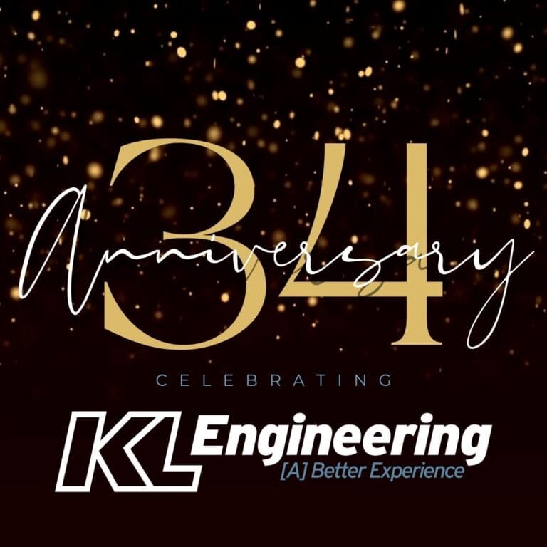 Graphic is on a black background, with the text "34 anniversary celebrating KL Engineering" with gold confetti accents.