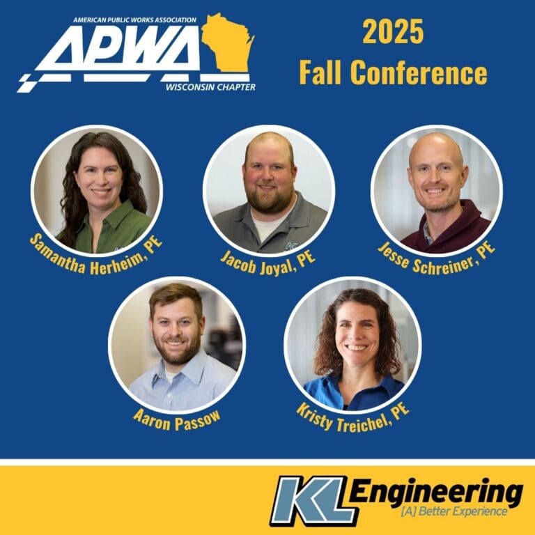 Graphic includes a photo of the people attending the conference, as well as the APWA Wisconsin logo and KL Engineering's logo on a blue background with yellow accents.