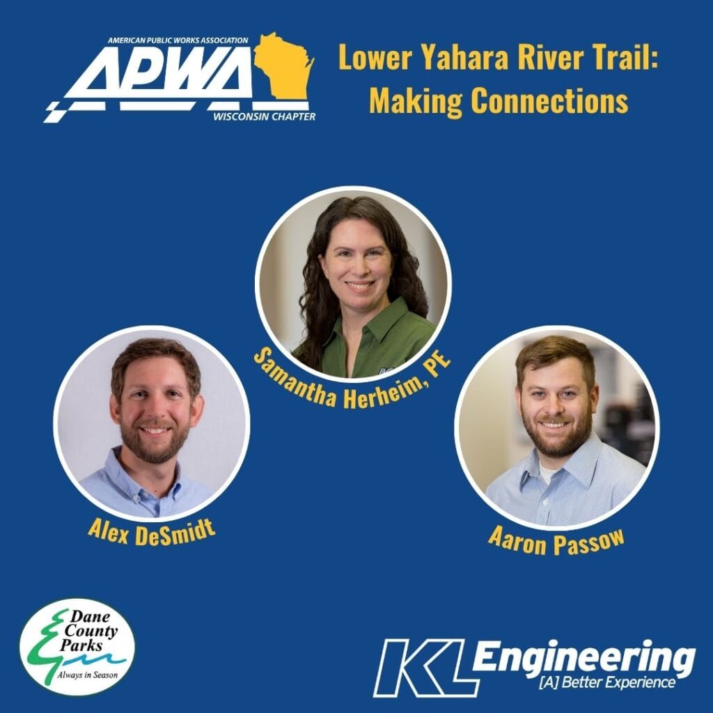 Graphic includes a photo of the people presenting, as well as the APWA Wisconsin logo and KL Engineering's logo on a blue background.