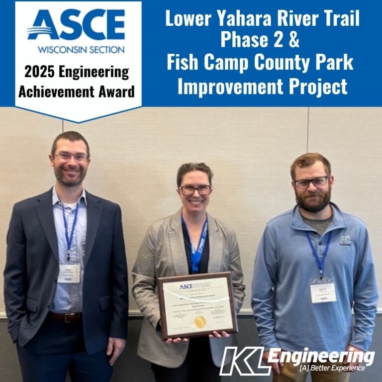 Photo of the people mentioned in post with a framed award and award details in title on graphic. KL and ASCE logos.