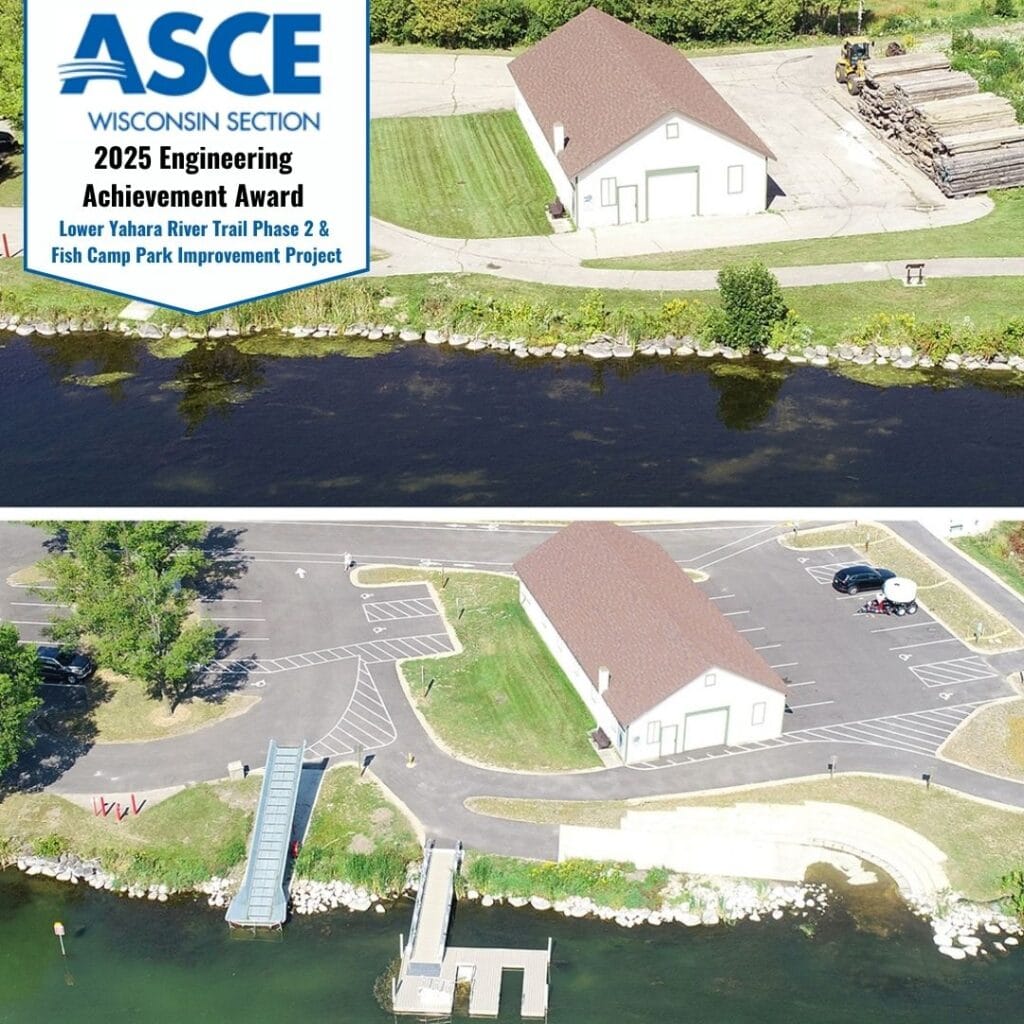 Graphic includes "before and after" photos, with the "before" on top and the "after" on bottom. This graphic focuses on the waterfront facilities portion of the project.