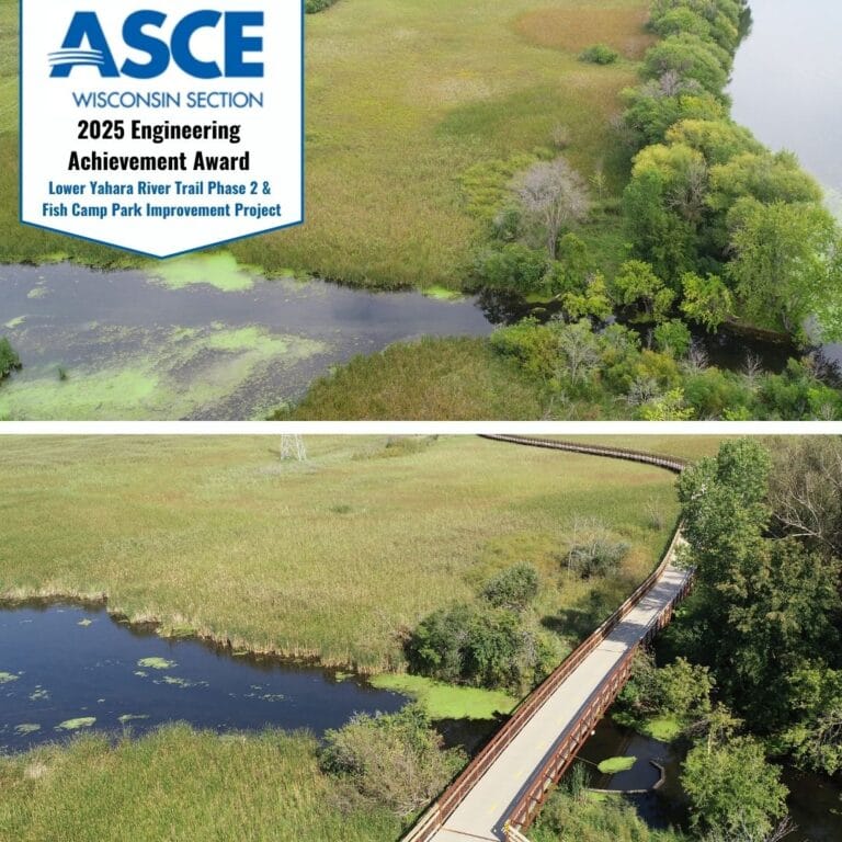 Graphic includes "before and after" photos, with the "before" on top and the "after" on bottom. This graphic focuses on the boardwalk on the project.