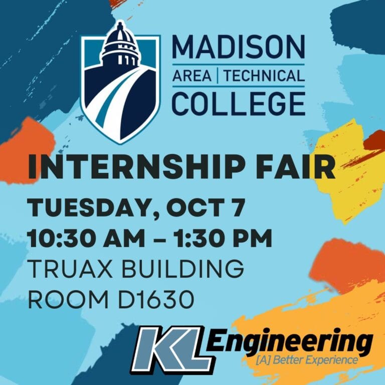 Graphic includes the Madison College logo and the KL Engineering logo, as well as all the details about the upcoming intern fair.