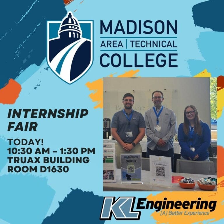 Graphic includes the Madison College logo and the KL Engineering logo, as well as all the details about the intern fair.