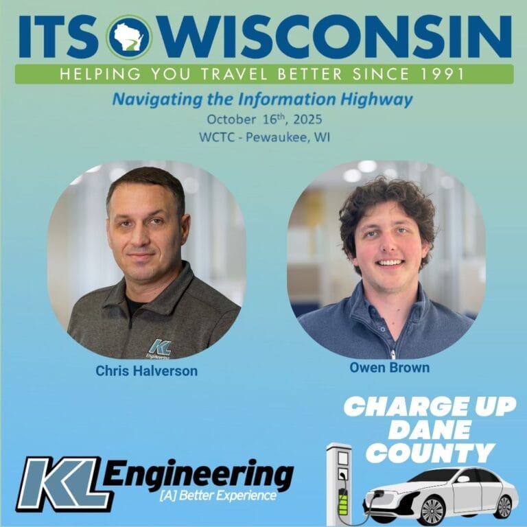 Graphic includes the ITS Wisconsin logo, as well as the headshots of the people presenting at the conference. The KL Engineering logo is also on the graphic.