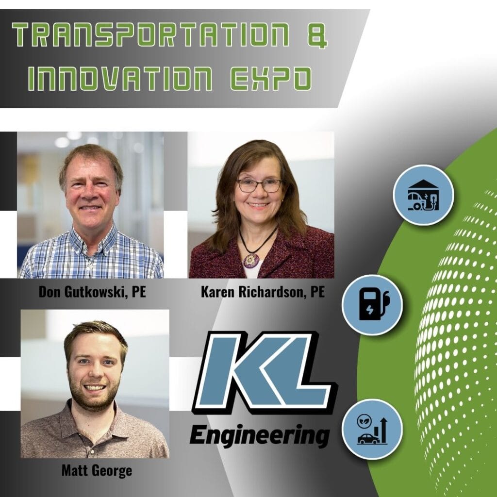 Graphic is includes icons for EV charging relevant images, as well as the headshots of the people attending the event with "Transportation & Innovation Expo" in the top left corner.