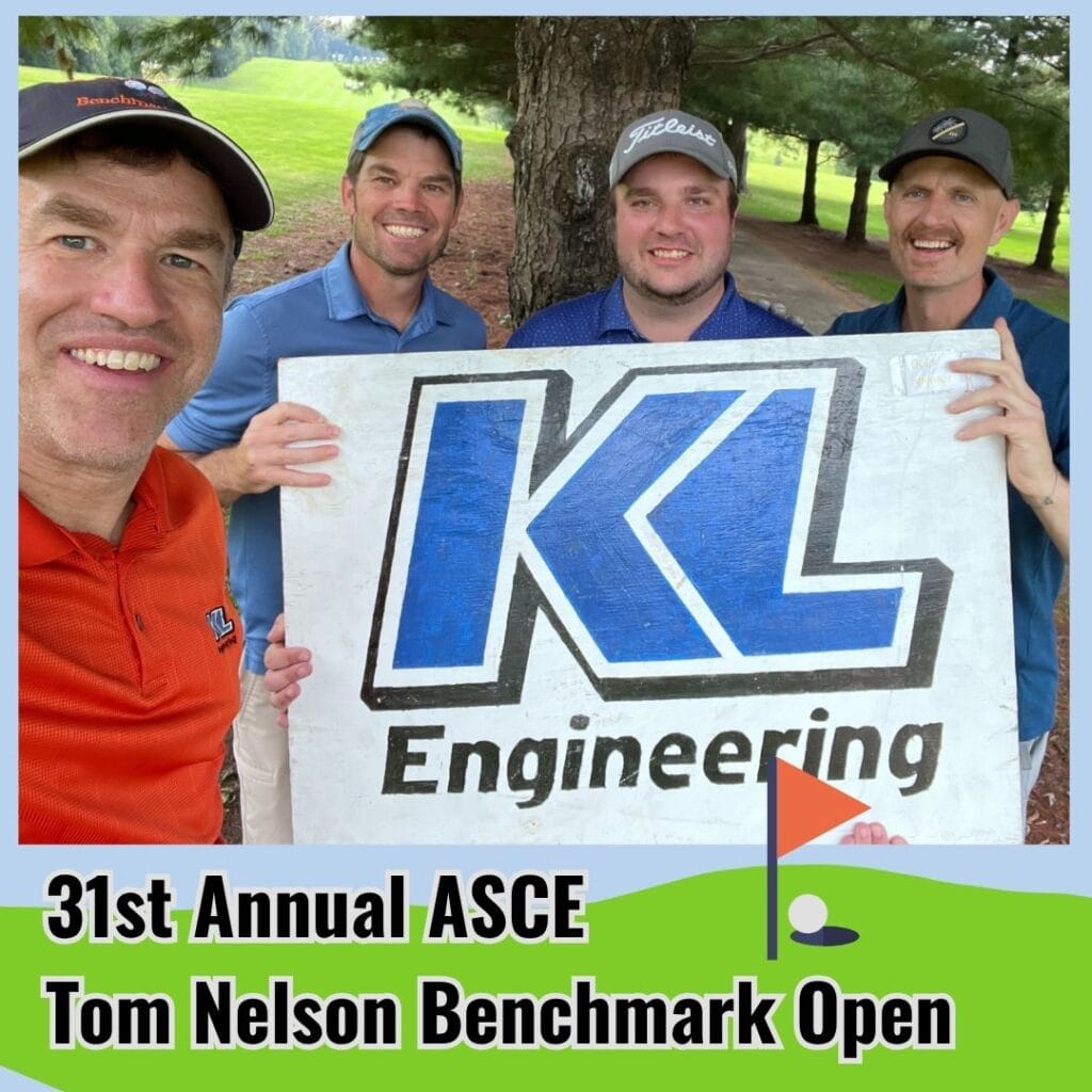 Graphic includes a photo of KL Employees with a "KL Engineering" sign at a golf hole, as well as a graphic of a golf green and flag.
