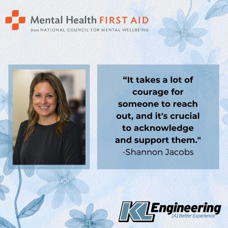 Graphic includes the Mental Health First Aid logo in the top left corner, as well as Shannon's headshot and a quote from the post. The background of the photo is light blue flowers in a water color style.