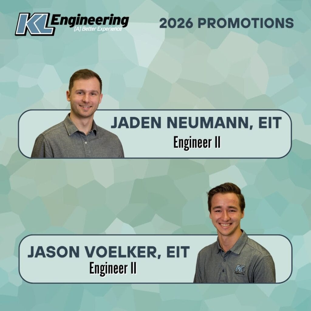Graphic is light blue and textured, and includes the headshot/s of the person/people being celebrated, as well as their name and position with the KL Engineering logo in the top left corner.