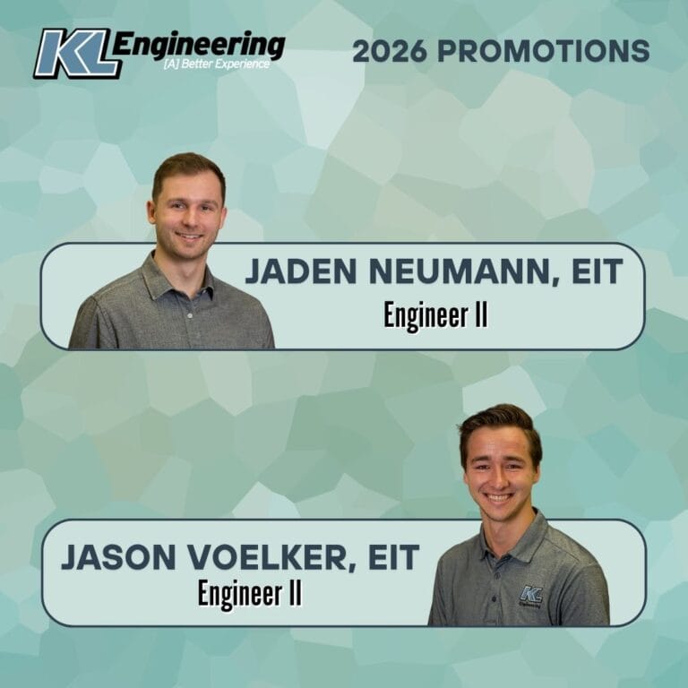 Graphic is light blue and textured, and includes the headshot/s of the person/people being celebrated, as well as their name and position with the KL Engineering logo in the top left corner.