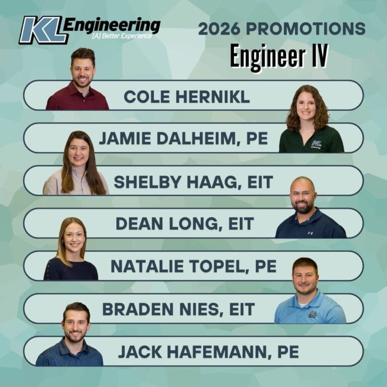 Graphic is light blue and textured, and includes the headshot/s of the person/people being celebrated, as well as their name and position with the KL Engineering logo in the top left corner.