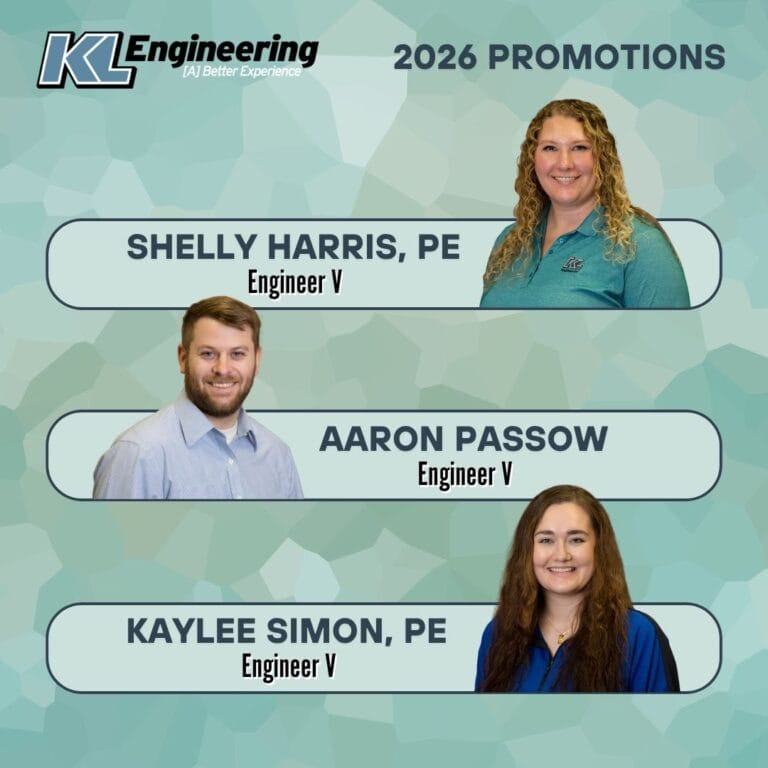 Graphic is light blue and textured, and includes the headshot/s of the person/people being celebrated, as well as their name and position with the KL Engineering logo in the top left corner.