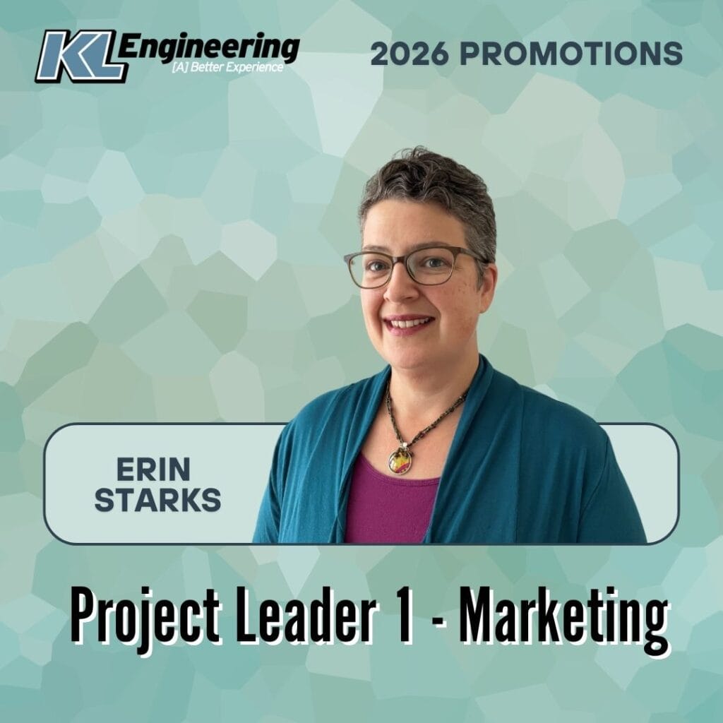 Graphic is light blue and textured, and includes the headshot/s of the person/people being celebrated, as well as their name and position with the KL Engineering logo in the top left corner.