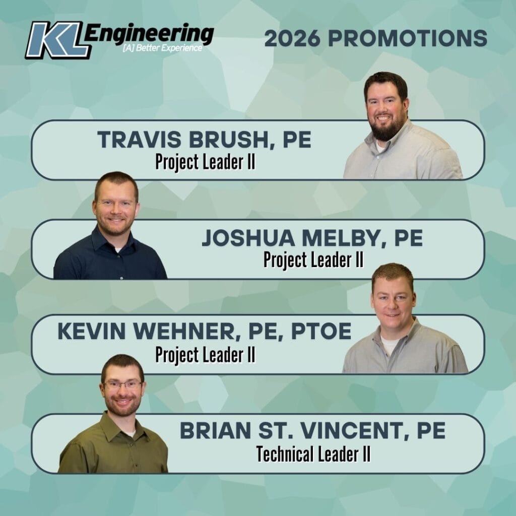 Graphic is light blue and textured, and includes the headshot/s of the person/people being celebrated, as well as their name and position with the KL Engineering logo in the top left corner.