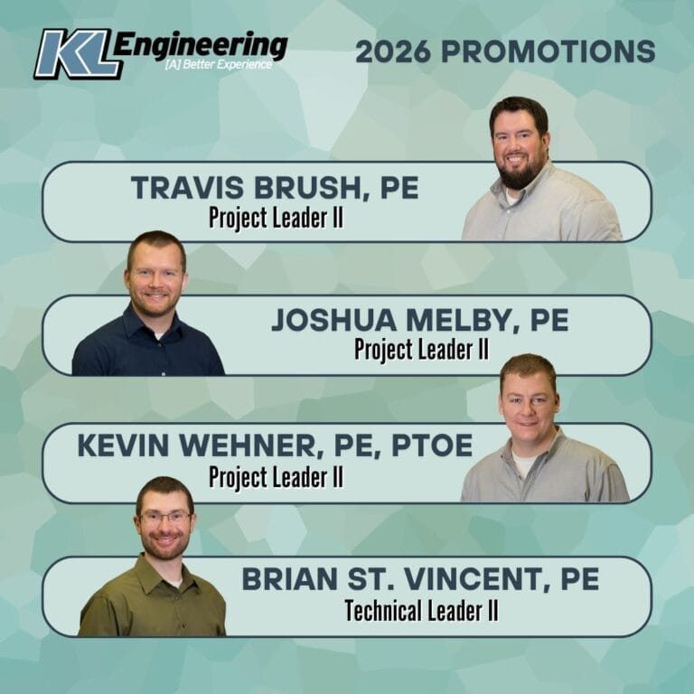 Graphic is light blue and textured, and includes the headshot/s of the person/people being celebrated, as well as their name and position with the KL Engineering logo in the top left corner.