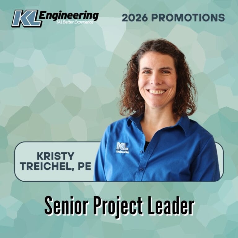 Graphic is light blue and textured, and includes the headshot/s of the person/people being celebrated, as well as their name and position with the KL Engineering logo in the top left corner.