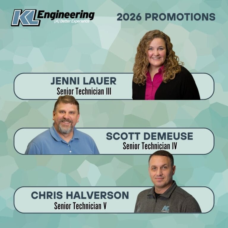 Graphic is light blue and textured, and includes the headshot/s of the person/people being celebrated, as well as their name and position with the KL Engineering logo in the top left corner.