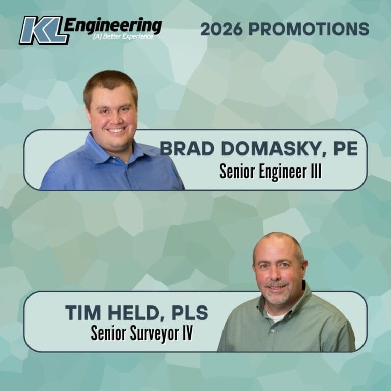 Graphic is light blue and textured, and includes the headshot/s of the person/people being celebrated, as well as their name and position with the KL Engineering logo in the top left corner.