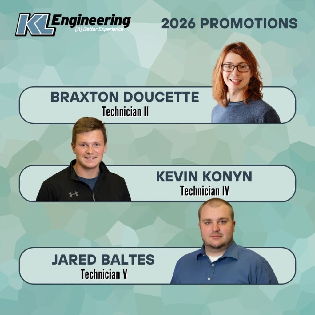 Graphic is light blue and textured, and includes the headshot/s of the person/people being celebrated, as well as their name and position with the KL Engineering logo in the top left corner.