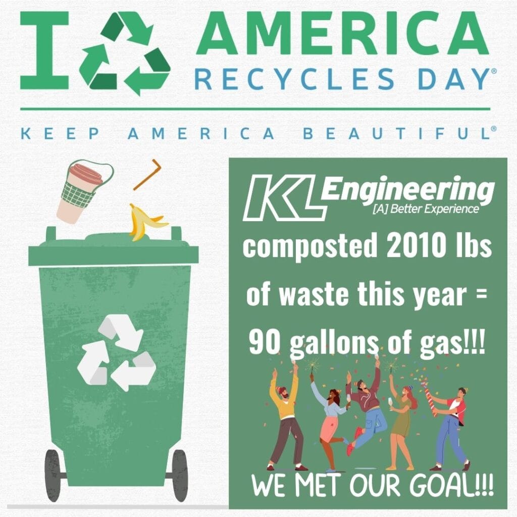 Graphic includes compost related images, and the text "KL Engineering composted 2010 lbs of waste this year = 90 Gallons of gas!!!" with some celebratory cartoon people.