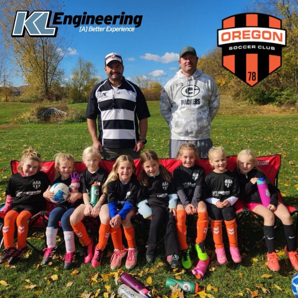 Graphic includes a soccer team photo, as well as the KL Engineering logo and the Oregon Soccer Club logo.