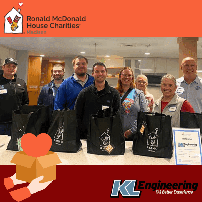 Graphic includes red accents, as well as a photo from the event. There is the Ronald McDonald House Charities logo in the top left corner, as well as the KL Engineering logo in the bottom right corner.