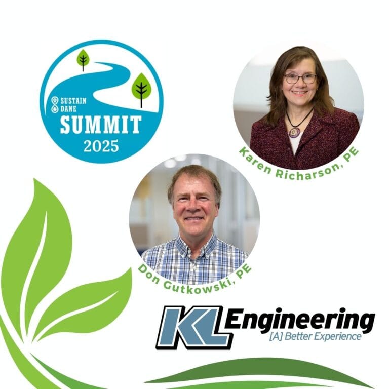 Graphic includes a green plant-like detail across the bottom, as well as the headshots of the people attending the event, and the Sustain Dane and KL Engineering Logos.