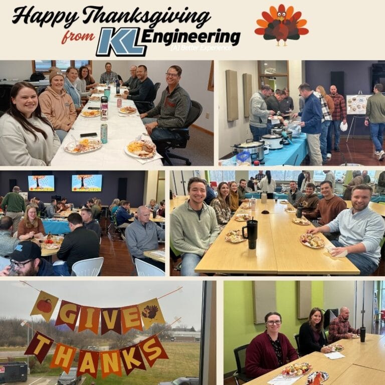 Graphic includes photos from the office events, as well as "Happy Thanksgiving from KL Engineering" across the top of the graphic.