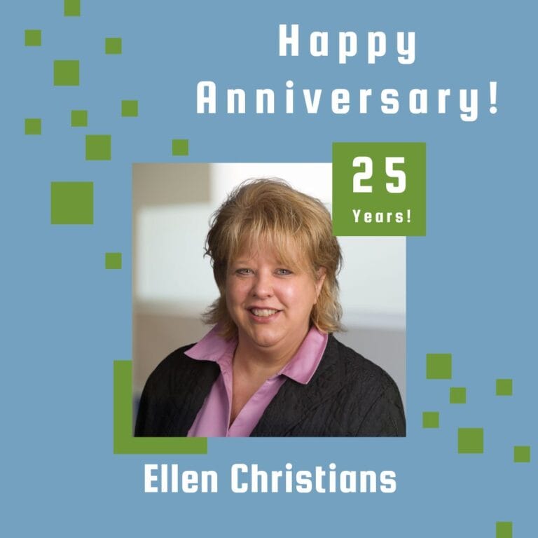Photo of employee framed by a light blue background with green scattered boxes and Happy Anniversary text.