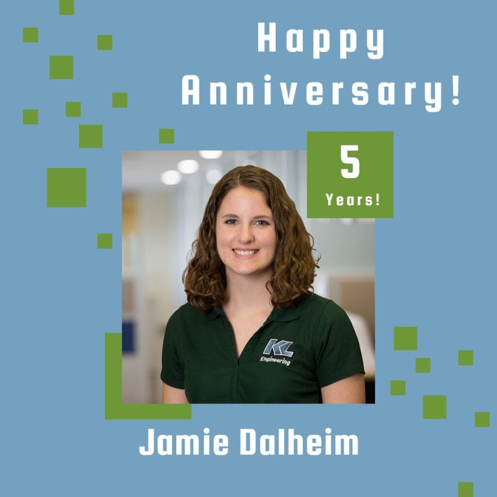 Photo of employee framed by a light blue background with green scattered boxes and Happy Anniversary text.