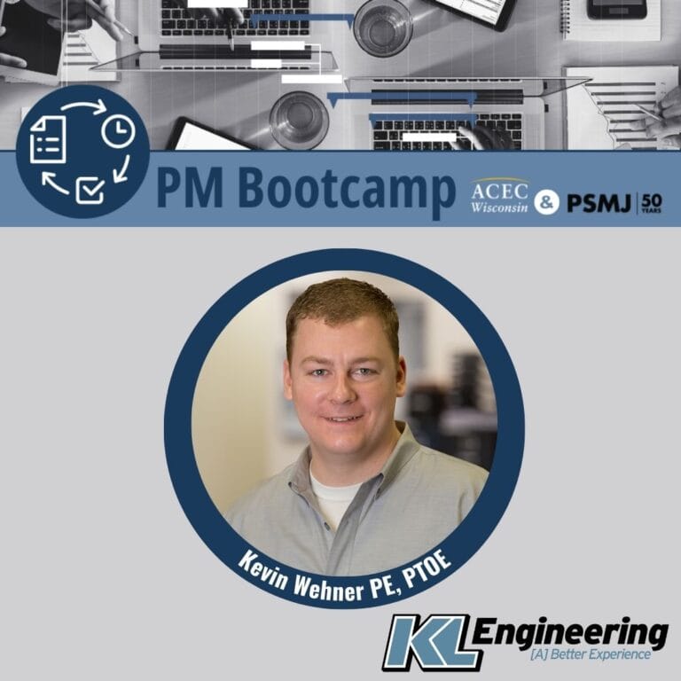 Graphic includes a photo of Kevin, as well as the PM Bootcamp conference logo and KL logo.