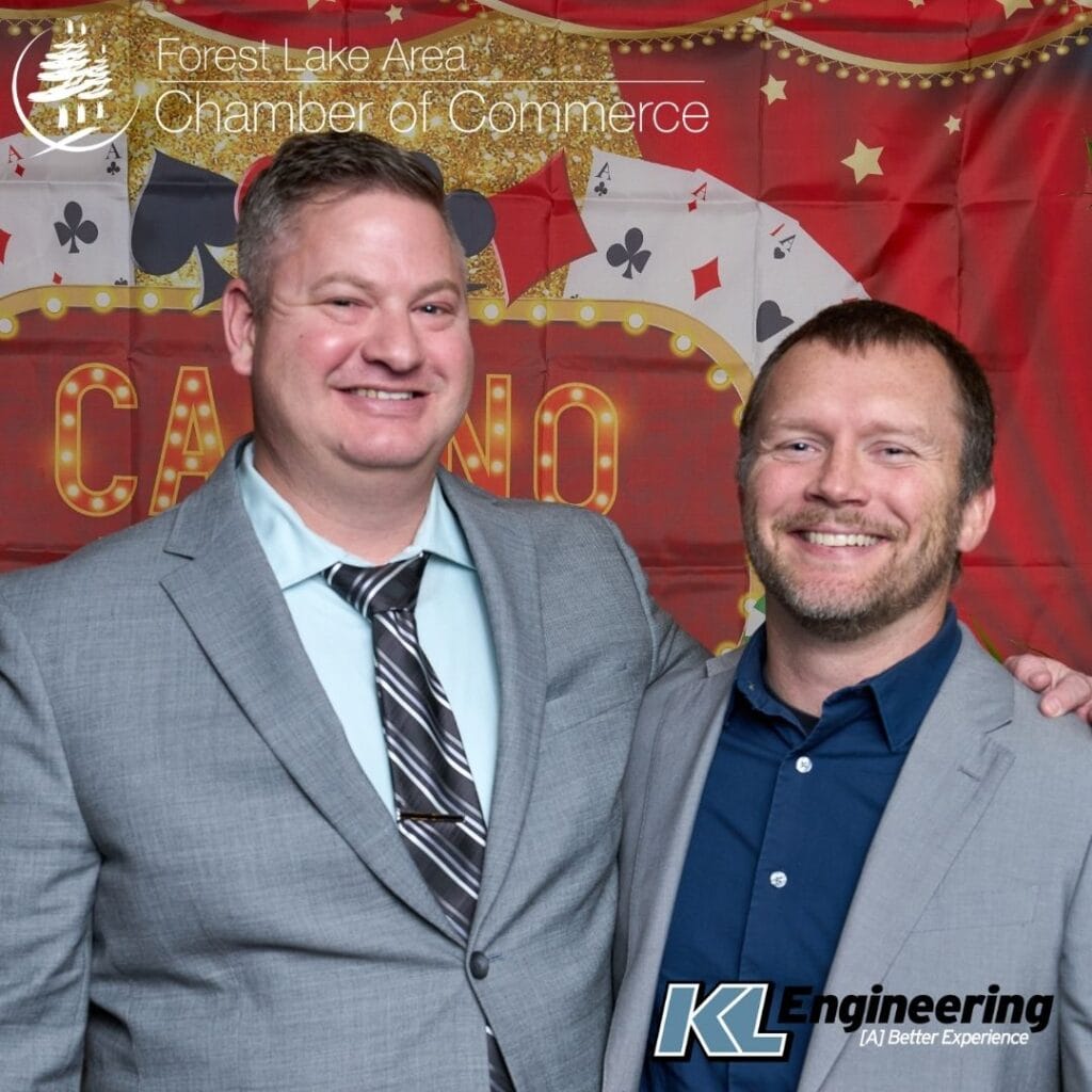 Graphic includes a photo of people employees mentioned in the post, as well as Forest Lake Area Chamber of Commerce logo and the KL Engineering logo.