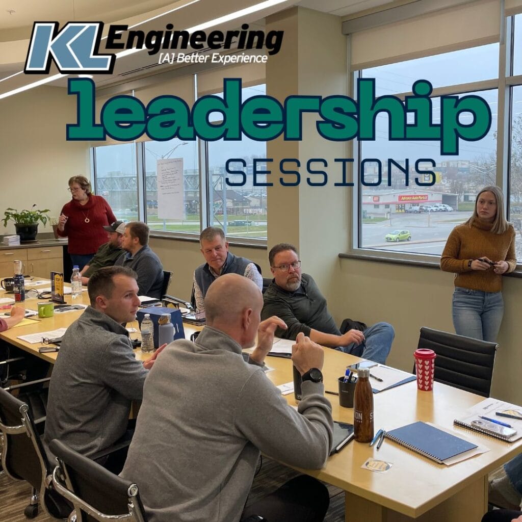 Graphic includes a photo of employees collaborating during a leadership session, with blue green details around the photo and the text "KL Leadership Sessions."