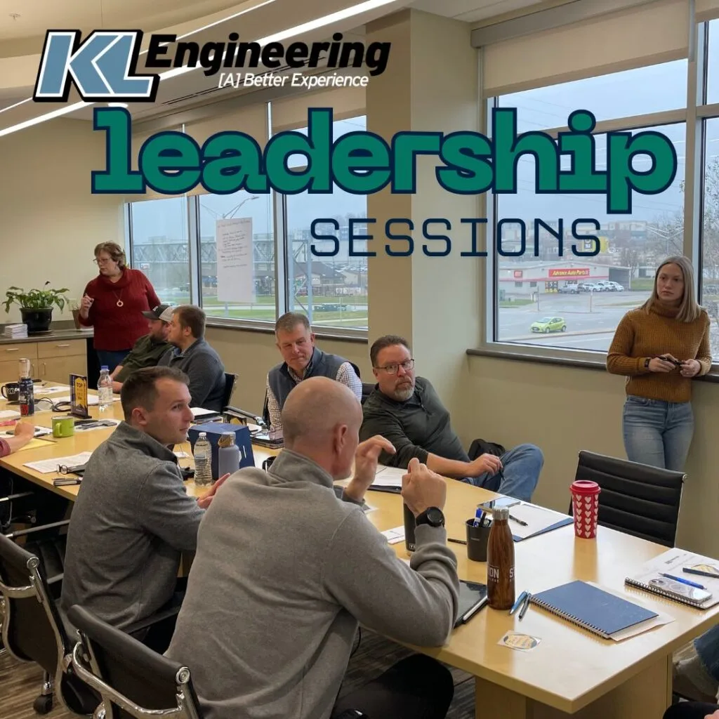 Graphic includes a photo of employees collaborating during a leadership session, with blue green details around the photo and the text "KL Leadership Sessions."
