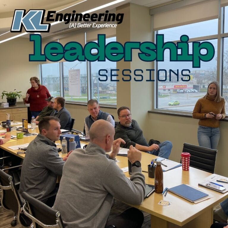 Graphic includes a photo of employees collaborating during a leadership session, with blue green details around the photo and the text "KL Leadership Sessions."