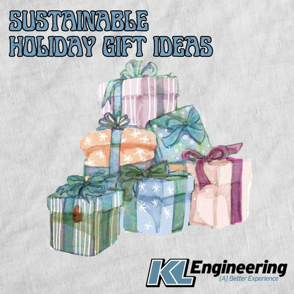 Graphic includes the KL Logo and the text "Sustainable Holiday Gift Ideas" and some water color style, multi-colored presents in the center.