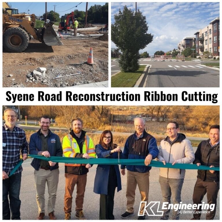 Graphic includes a photo from the ribbon cutting event, as well as some in progress construction photos of the Syene Road Reconstruction Ribbon Cutting.