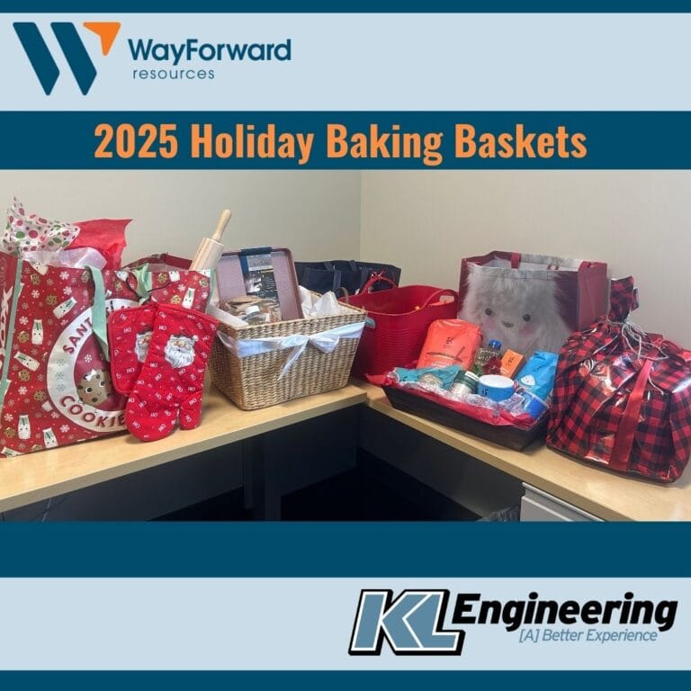 Graphic includes a photo of the basket donations, as well as the WayForward Resources and KL Engineering logos.
