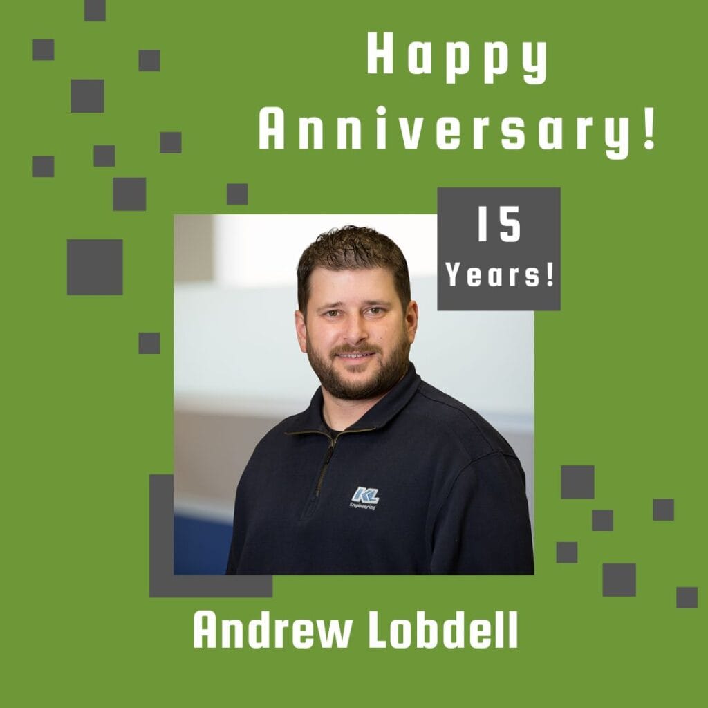 Photo of employee framed by a light green background with gray scattered boxes and Happy Anniversary text.