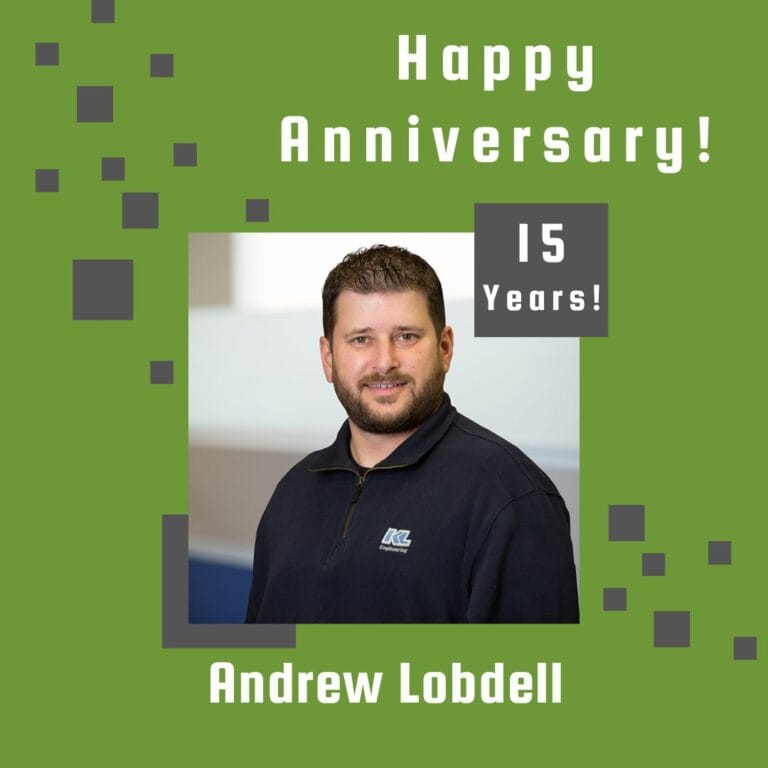 Photo of employee framed by a light green background with gray scattered boxes and Happy Anniversary text.