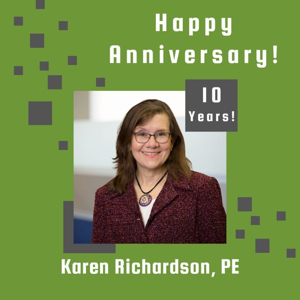 Photo of employee framed by a light green background with gray scattered boxes and Happy Anniversary text.