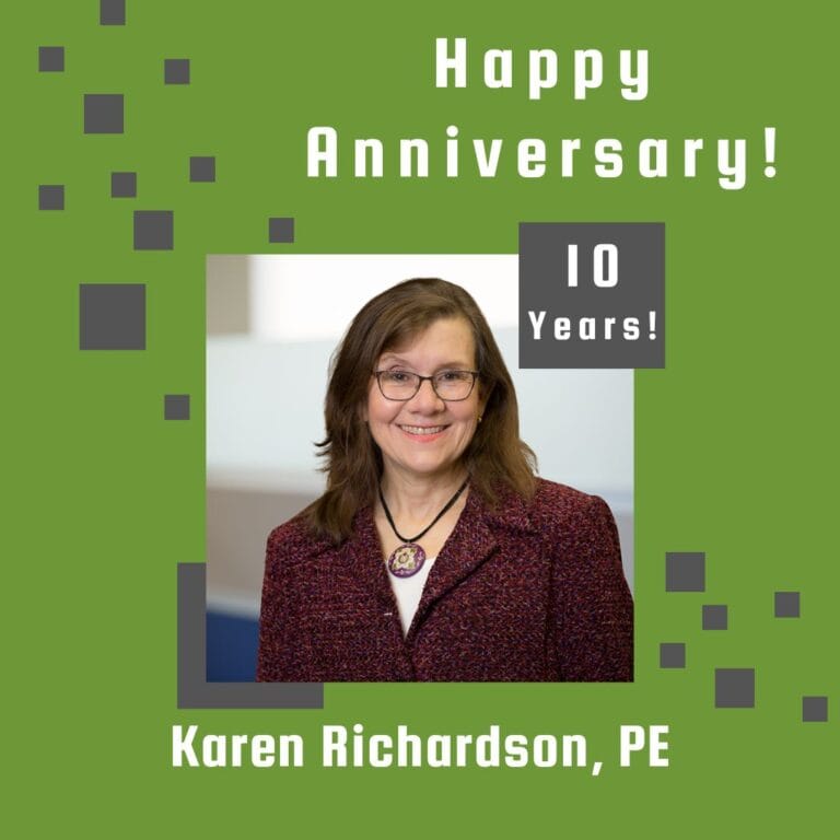 Photo of employee framed by a light green background with gray scattered boxes and Happy Anniversary text.